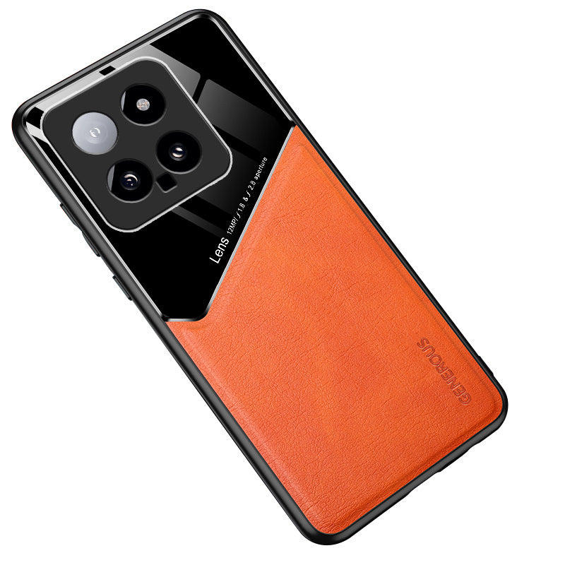 For Xiaomi 14 Cell Phone Case Anti-fall PU+TPU+PC Magnetic Car Mount Back Cover - Orange For Xiaomi 14 Cell Phone Case Anti-fall PU+TPU+PC Magnetic Car Mount Back Cover - Orange